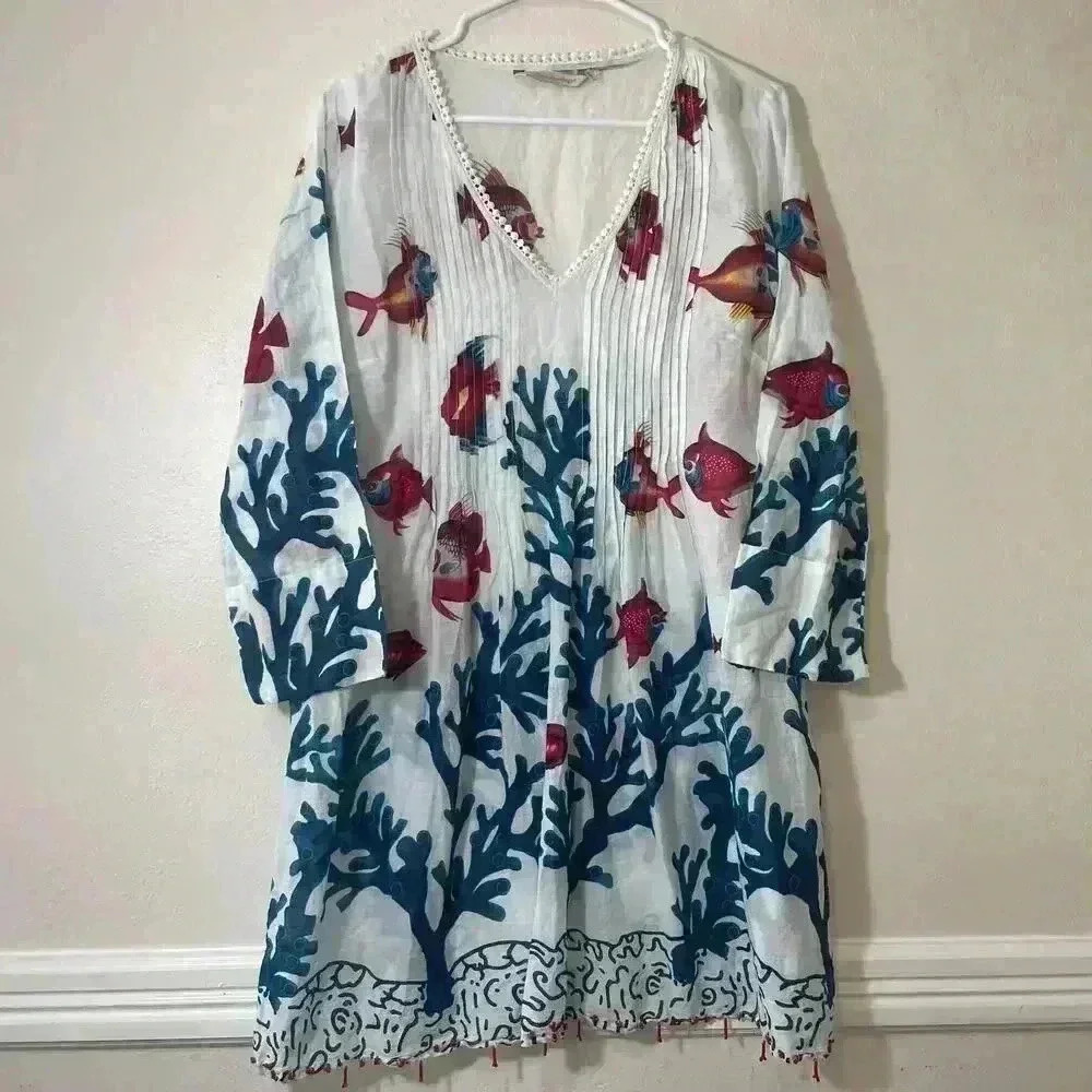 Soft Surroundings Womens‎ L Beach Vacation Cover Up Coastal Fish Reef Pintuck